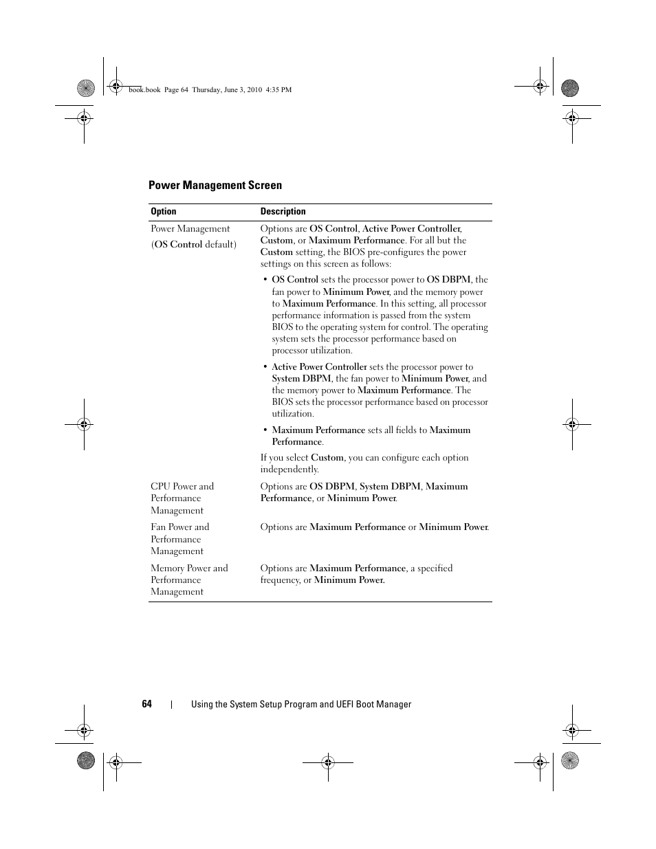 Power management screen, E "power management screen | Dell PowerEdge R715 User Manual | Page 64 / 190