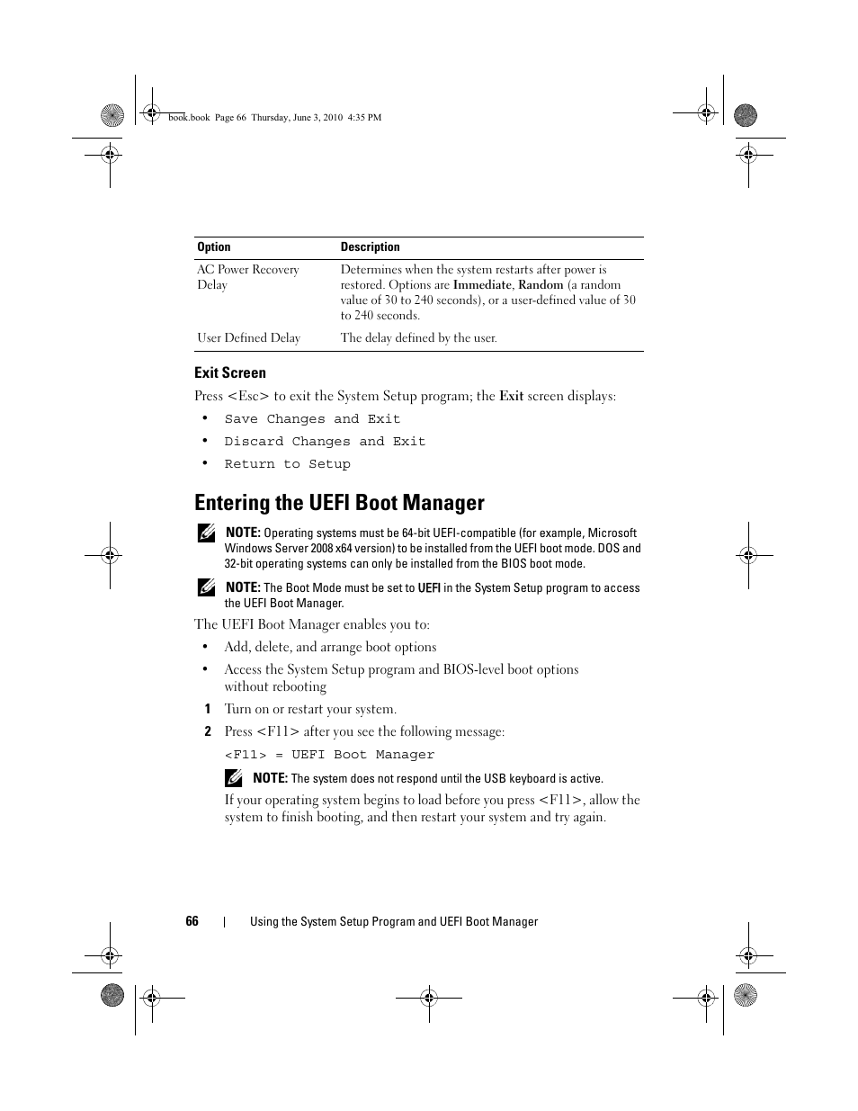 Exit screen, Entering the uefi boot manager | Dell PowerEdge R715 User Manual | Page 66 / 190