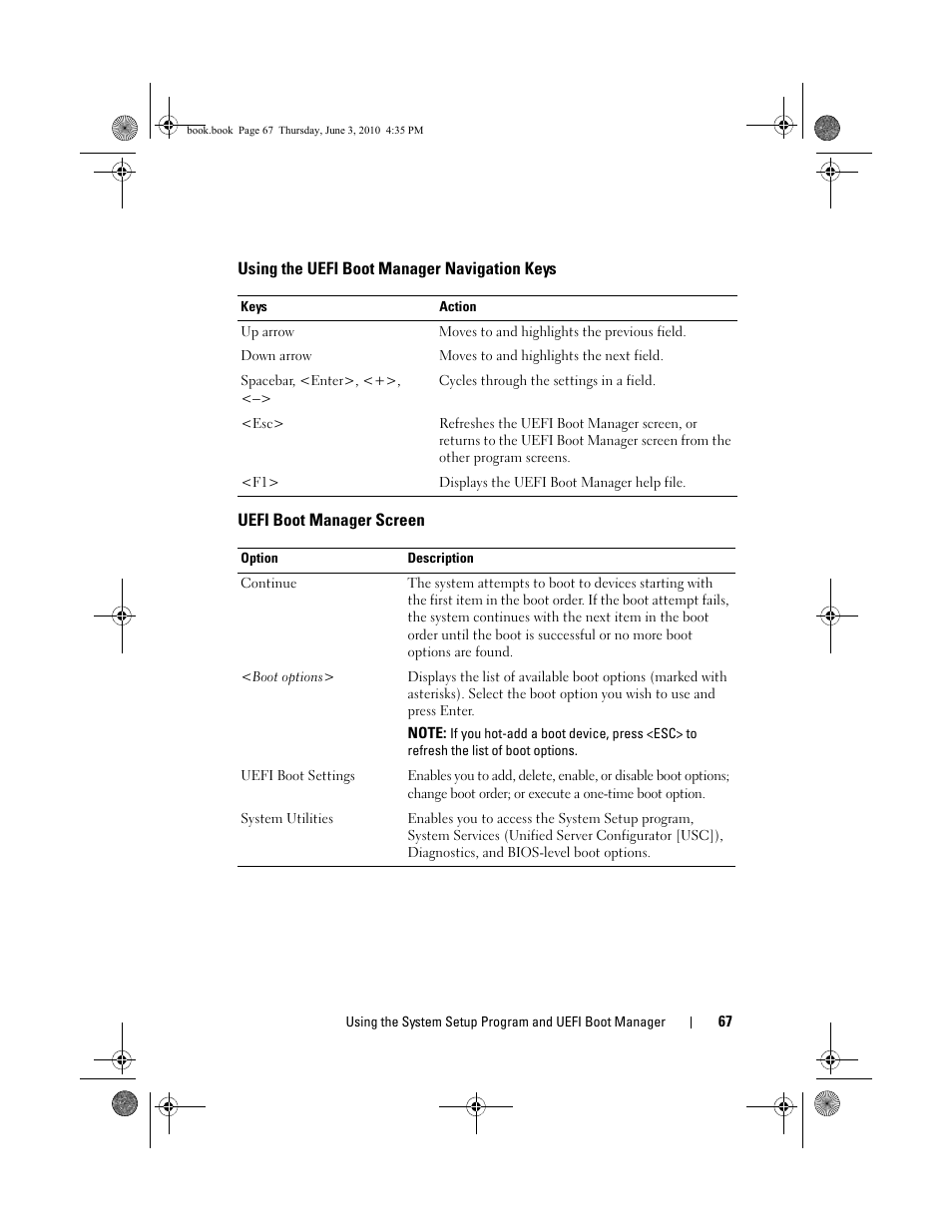 Using the uefi boot manager navigation keys, Uefi boot manager screen, Using the uefi boot manager | Navigation keys | Dell PowerEdge R715 User Manual | Page 67 / 190