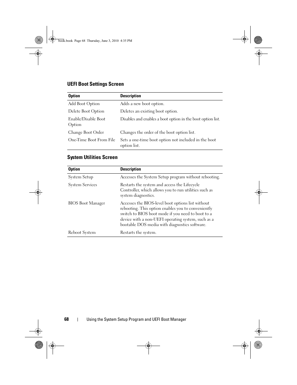 Uefi boot settings screen, System utilities screen | Dell PowerEdge R715 User Manual | Page 68 / 190