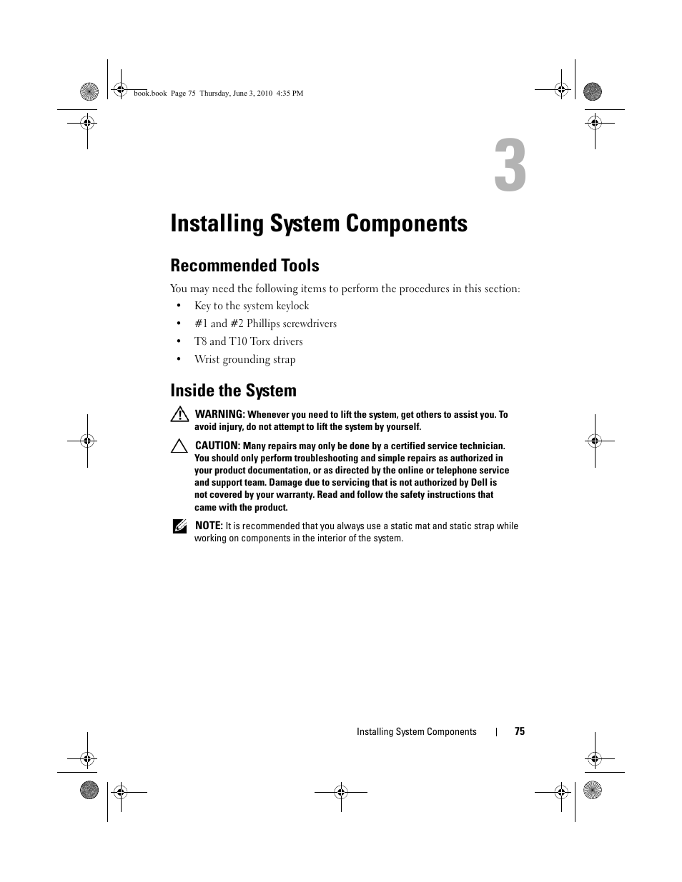 Installing system components, Recommended tools, Inside the system | Dell PowerEdge R715 User Manual | Page 75 / 190