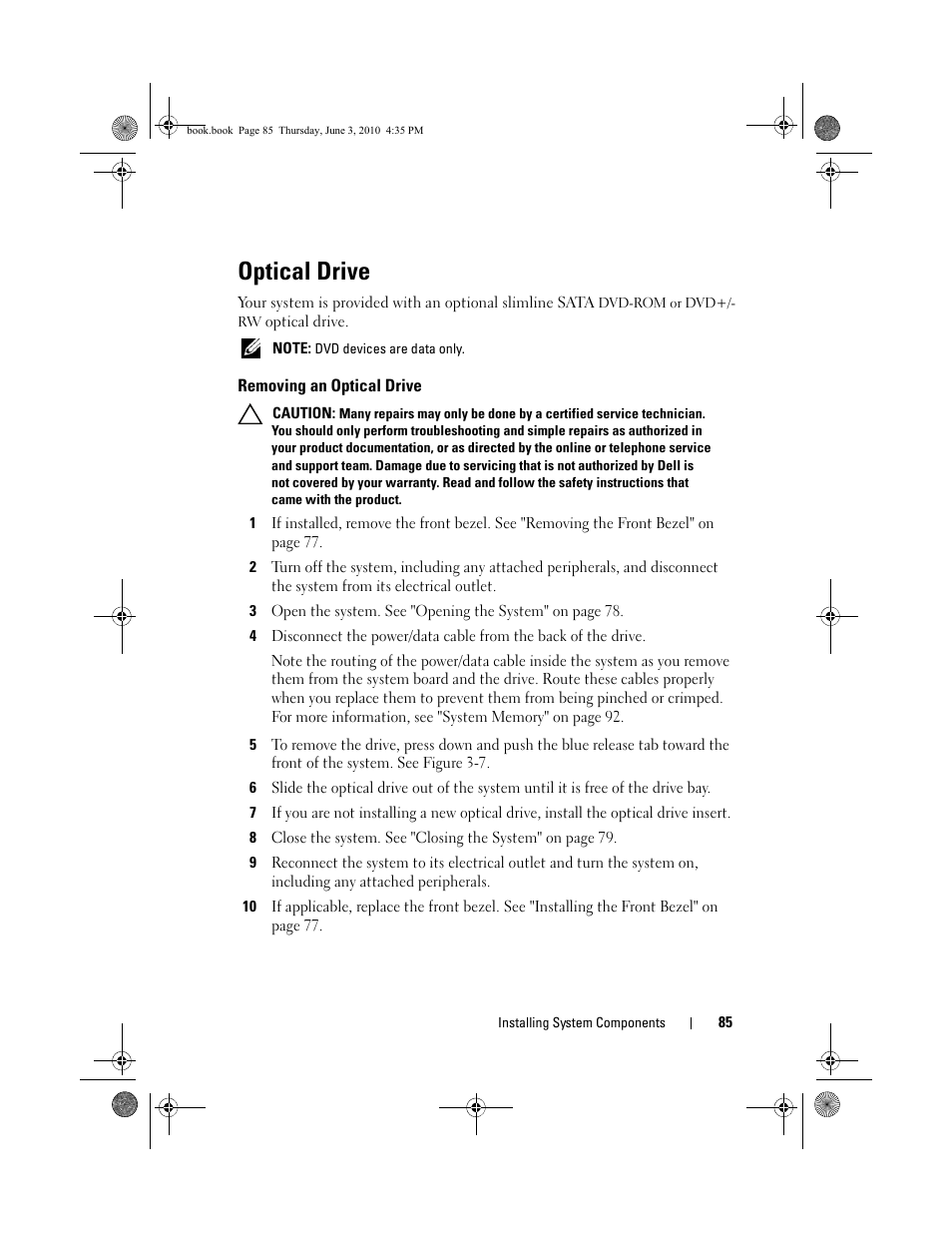 Optical drive, Removing an optical drive | Dell PowerEdge R715 User Manual | Page 85 / 190