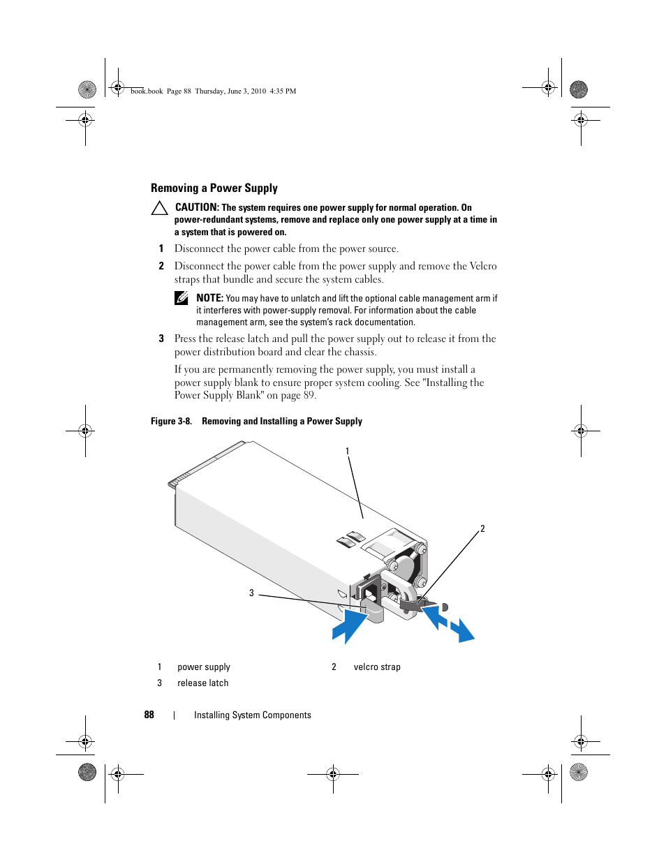 Removing a power supply | Dell PowerEdge R715 User Manual | Page 88 / 190