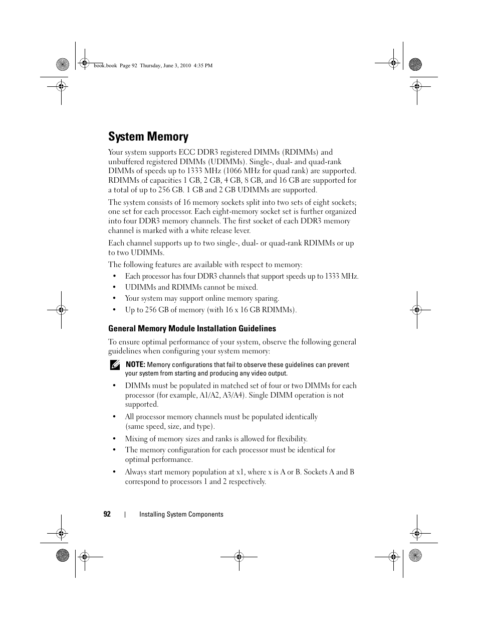 System memory, General memory module installation guidelines, General memory module installation | Guidelines, General memory module, Installation guidelines, See "general memory, Module installation, Installation guidelines" on, E "general memory | Dell PowerEdge R715 User Manual | Page 92 / 190