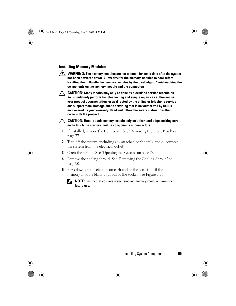 Installing memory modules, Installing memory | Dell PowerEdge R715 User Manual | Page 95 / 190