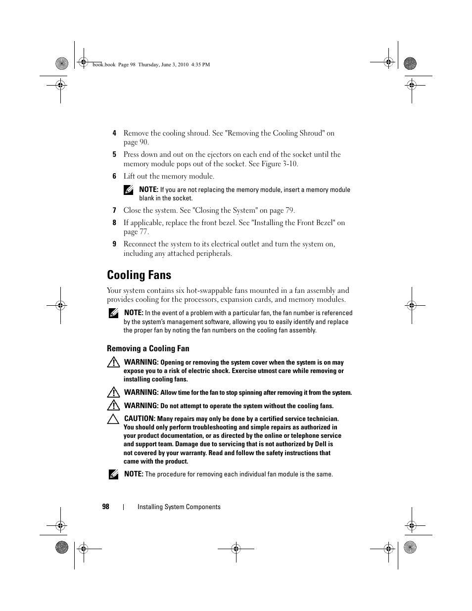 Cooling fans, Removing a cooling fan | Dell PowerEdge R715 User Manual | Page 98 / 190