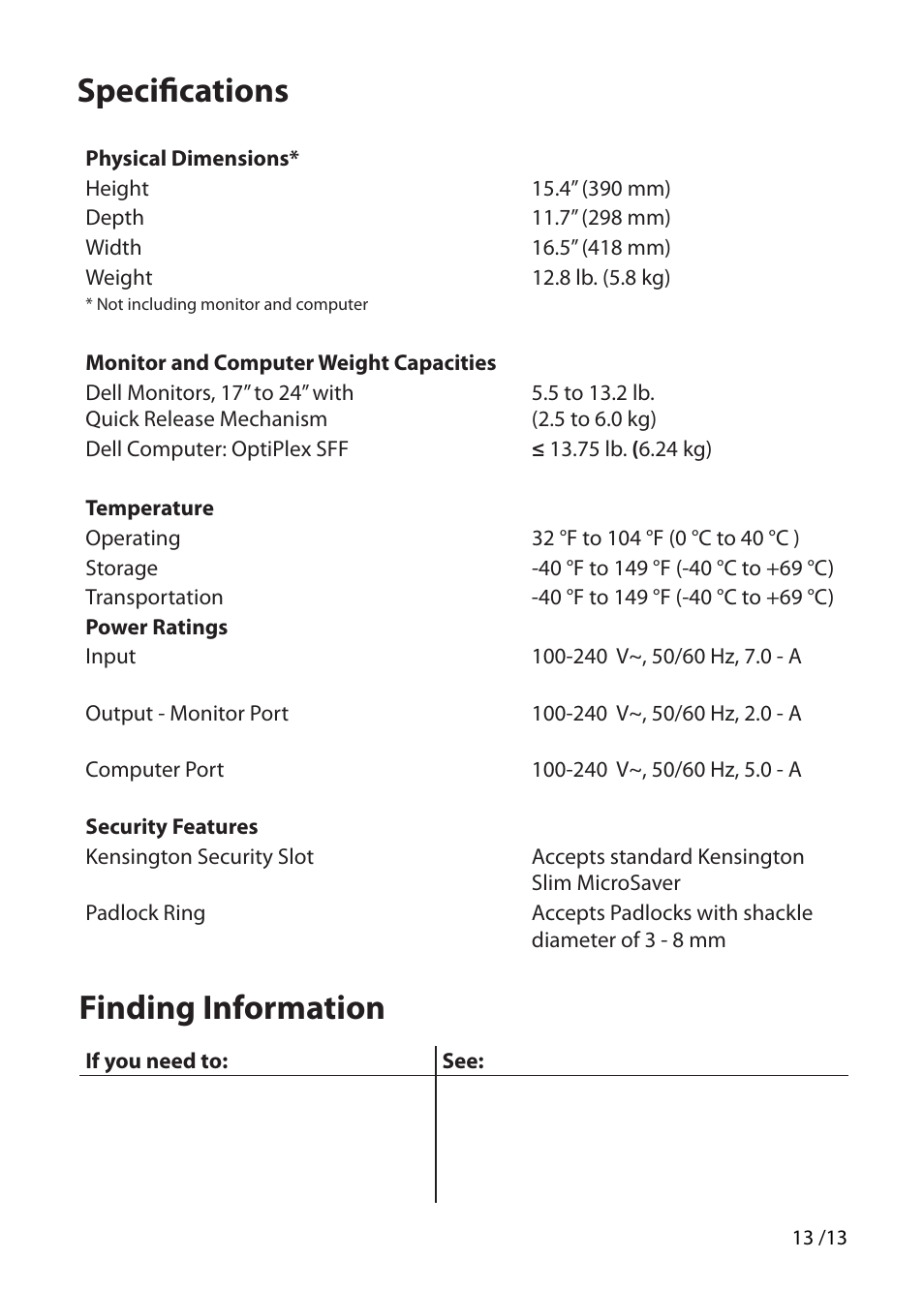 Finding information, Specifi cations | Dell OptiPlex 990 (Early 2011) User Manual | Page 13 / 13