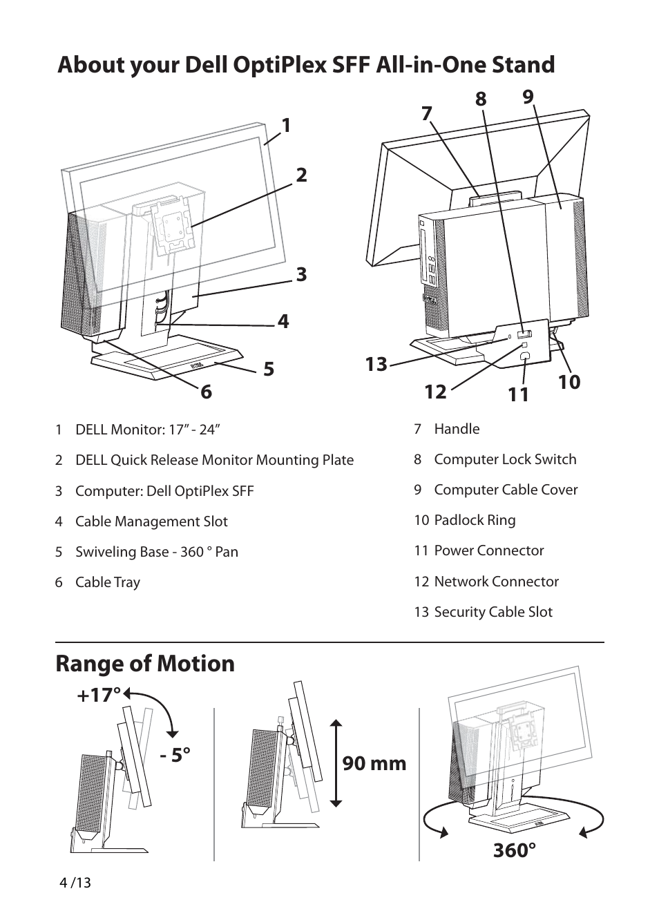 About your dell optiplex sff all-in-one stand, Range of motion | Dell OptiPlex 990 (Early 2011) User Manual | Page 4 / 13