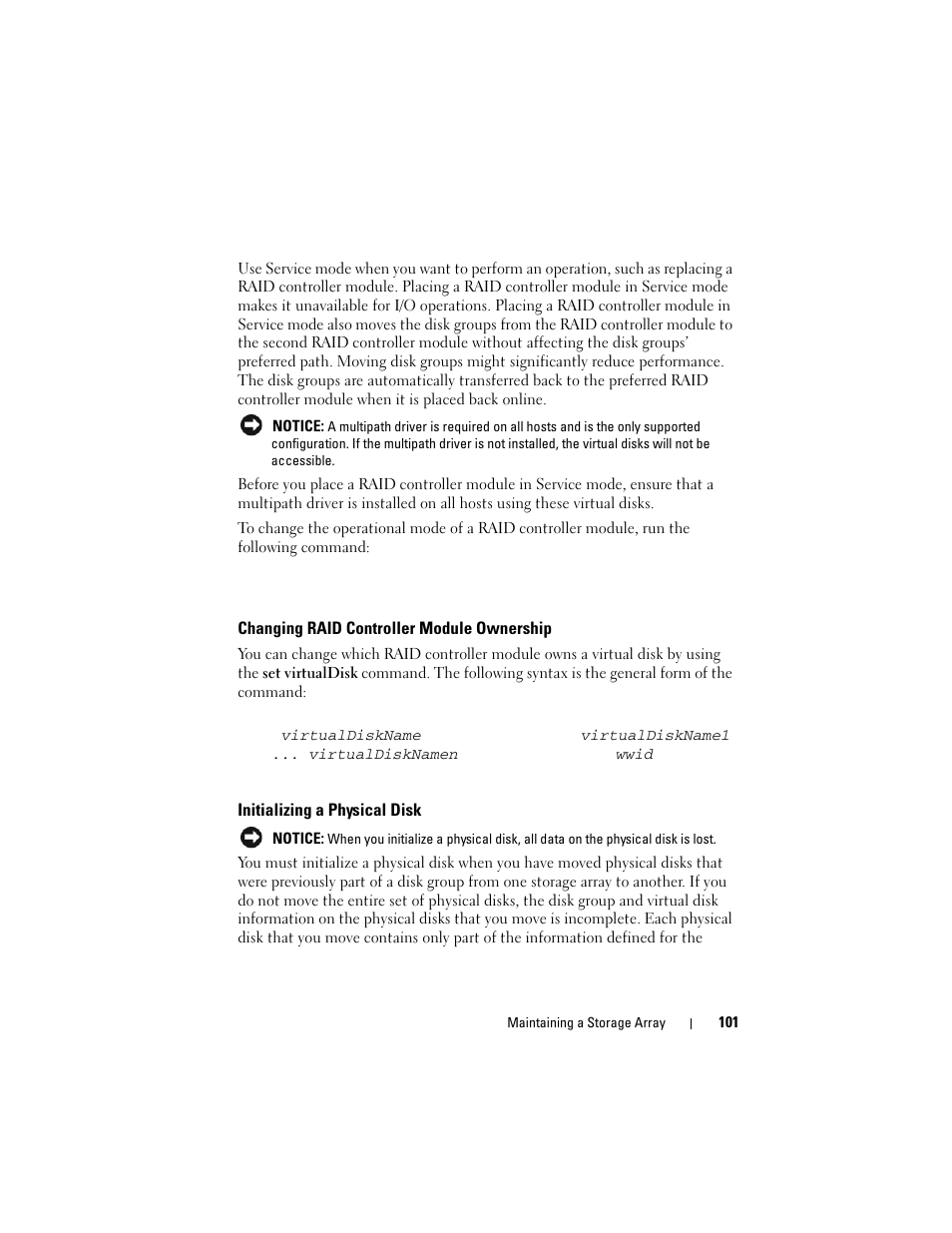 Changing raid controller module ownership, Initializing a physical disk | Dell PowerVault MD3000i User Manual | Page 101 / 246