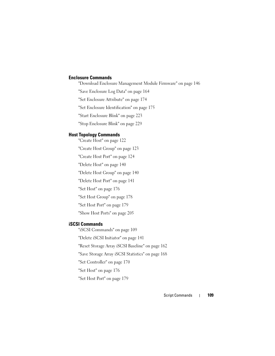 Enclosure commands, Host topology commands, Iscsi commands | Dell PowerVault MD3000i User Manual | Page 109 / 246