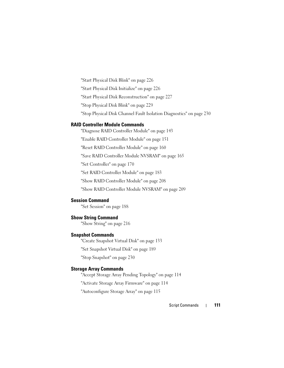 Raid controller module commands, Session command, Show string command | Snapshot commands, Storage array commands | Dell PowerVault MD3000i User Manual | Page 111 / 246