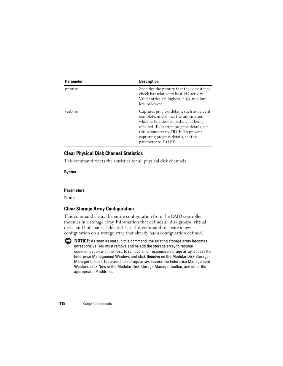 Clear physical disk channel statistics, Clear storage array configuration | Dell PowerVault MD3000i User Manual | Page 118 / 246