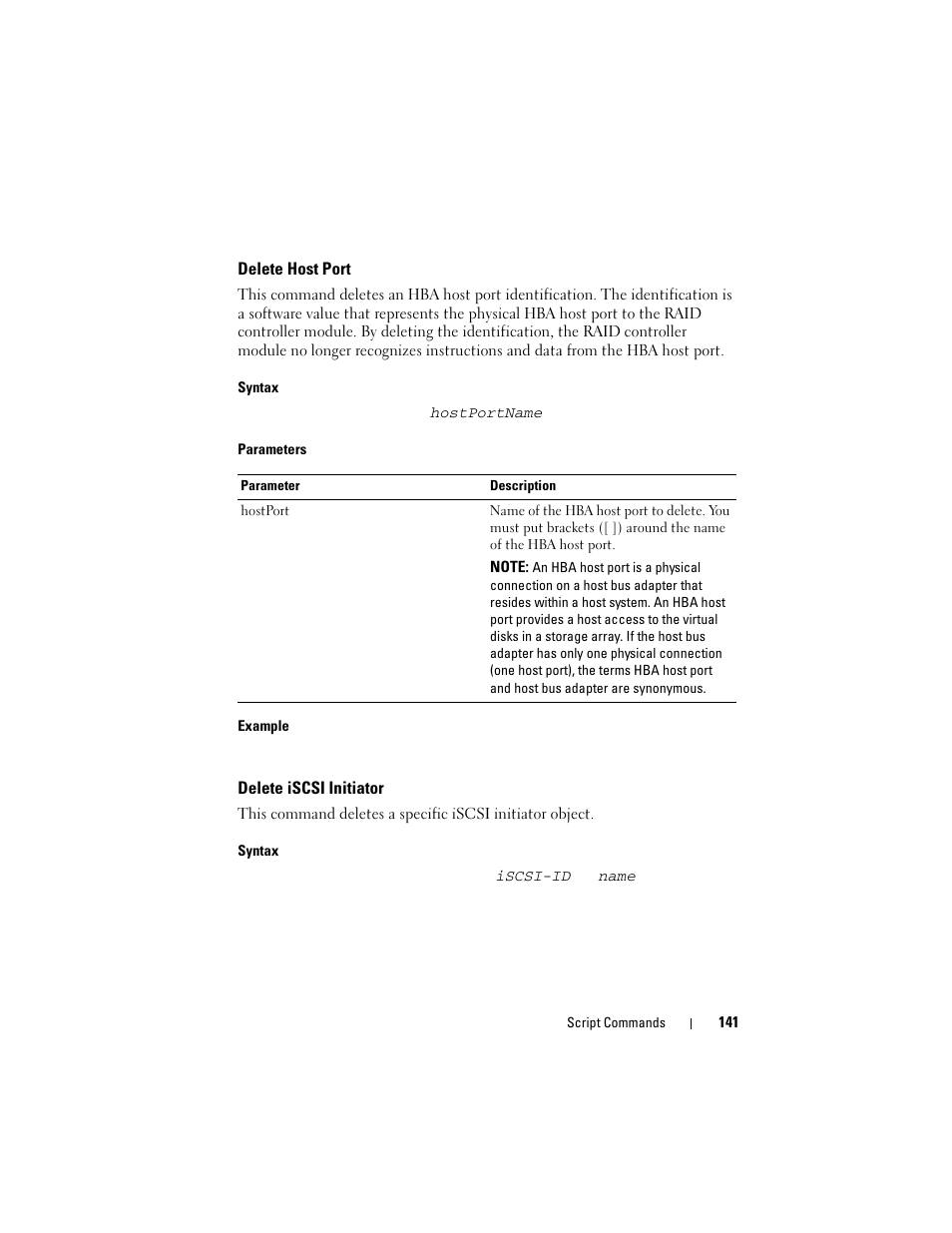 Delete host port, Delete iscsi initiator | Dell PowerVault MD3000i User Manual | Page 141 / 246