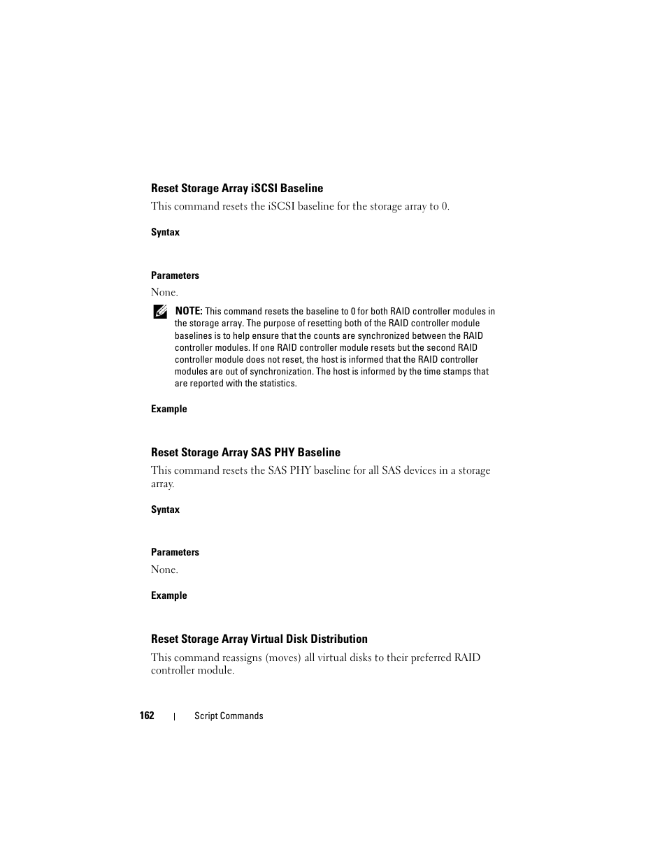 Reset storage array iscsi baseline, Reset storage array sas phy baseline, Reset storage array virtual disk distribution | Dell PowerVault MD3000i User Manual | Page 162 / 246