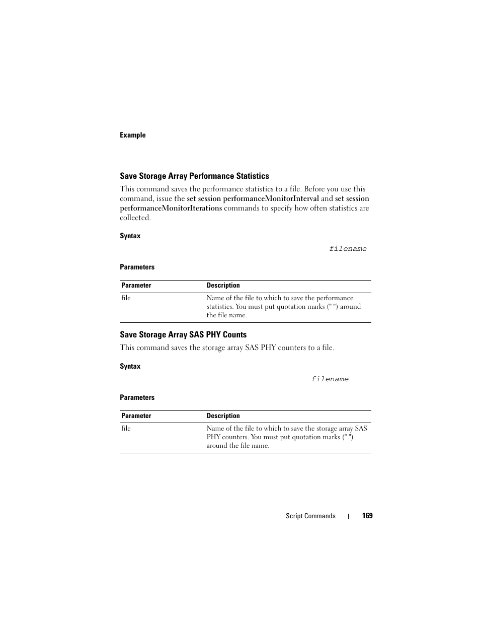 Save storage array performance statistics, Save storage array sas phy counts | Dell PowerVault MD3000i User Manual | Page 169 / 246