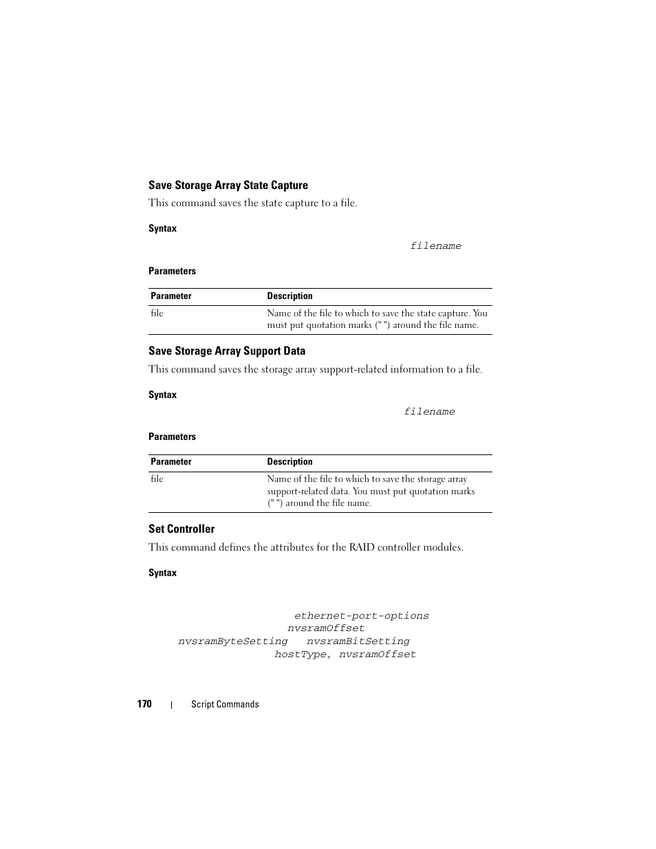 Save storage array state capture, Save storage array support data, Set controller | Dell PowerVault MD3000i User Manual | Page 170 / 246