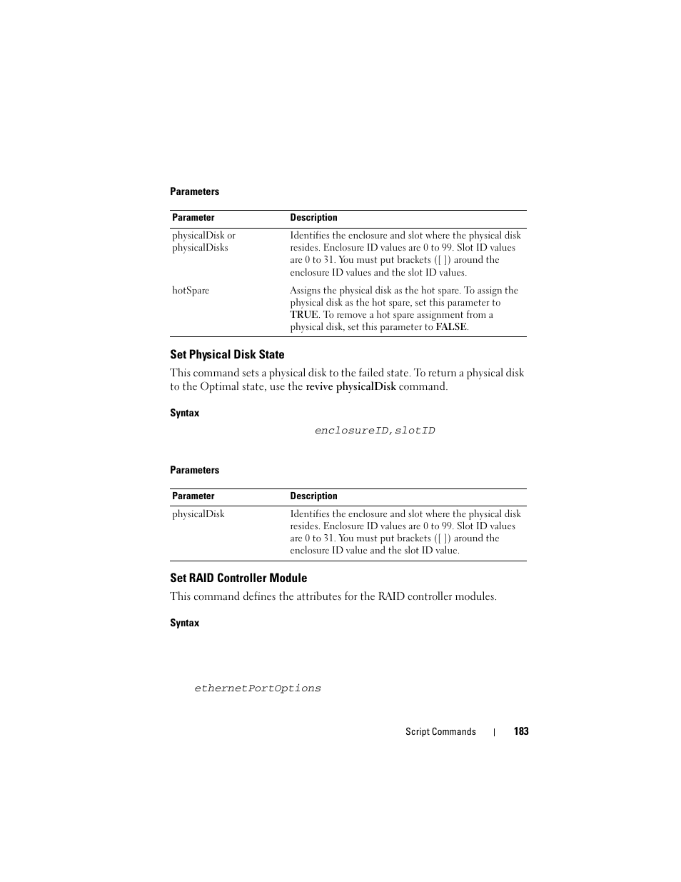 Set physical disk state, Set raid controller module, Syntax | Dell PowerVault MD3000i User Manual | Page 183 / 246
