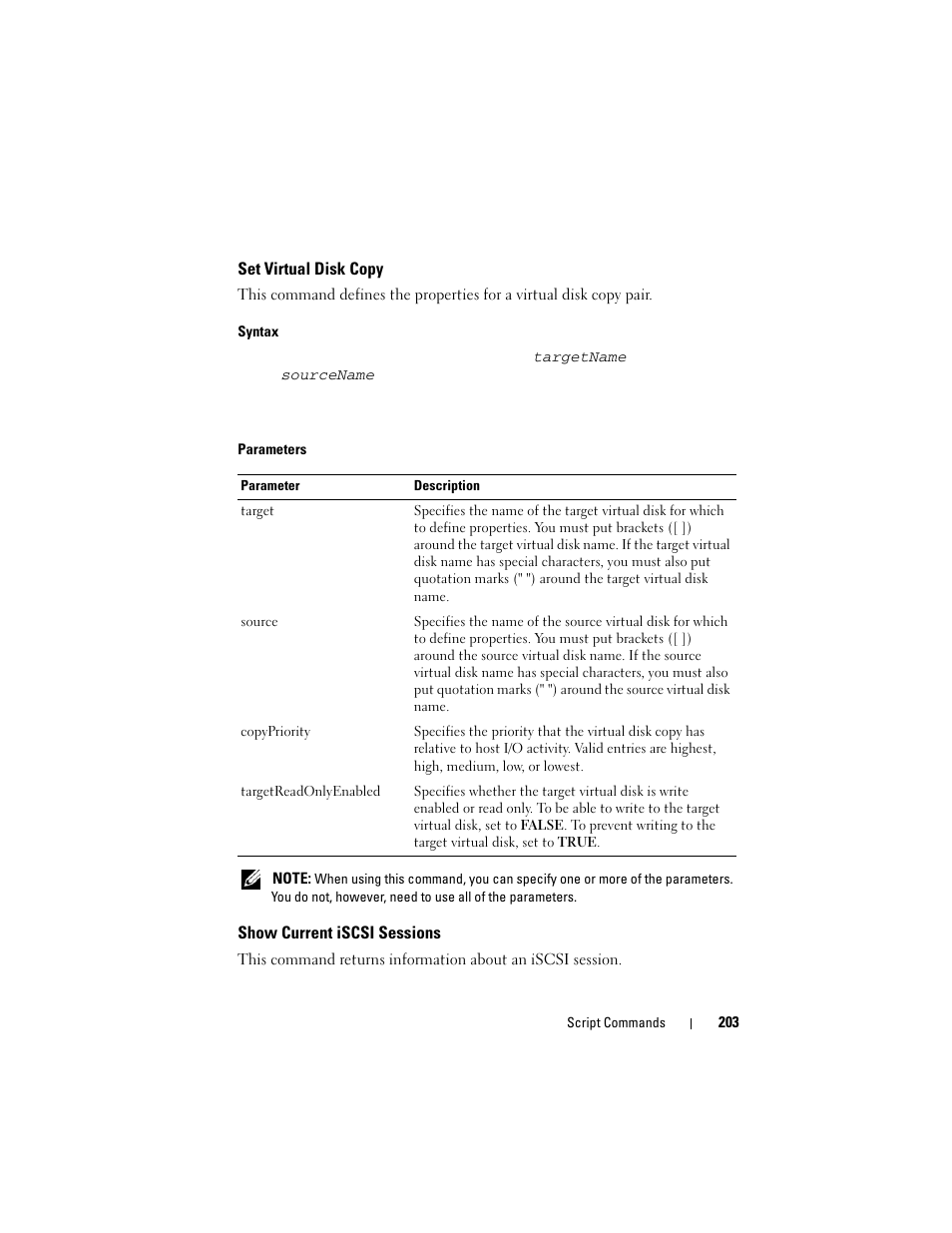 Set virtual disk copy, Show current iscsi sessions | Dell PowerVault MD3000i User Manual | Page 203 / 246