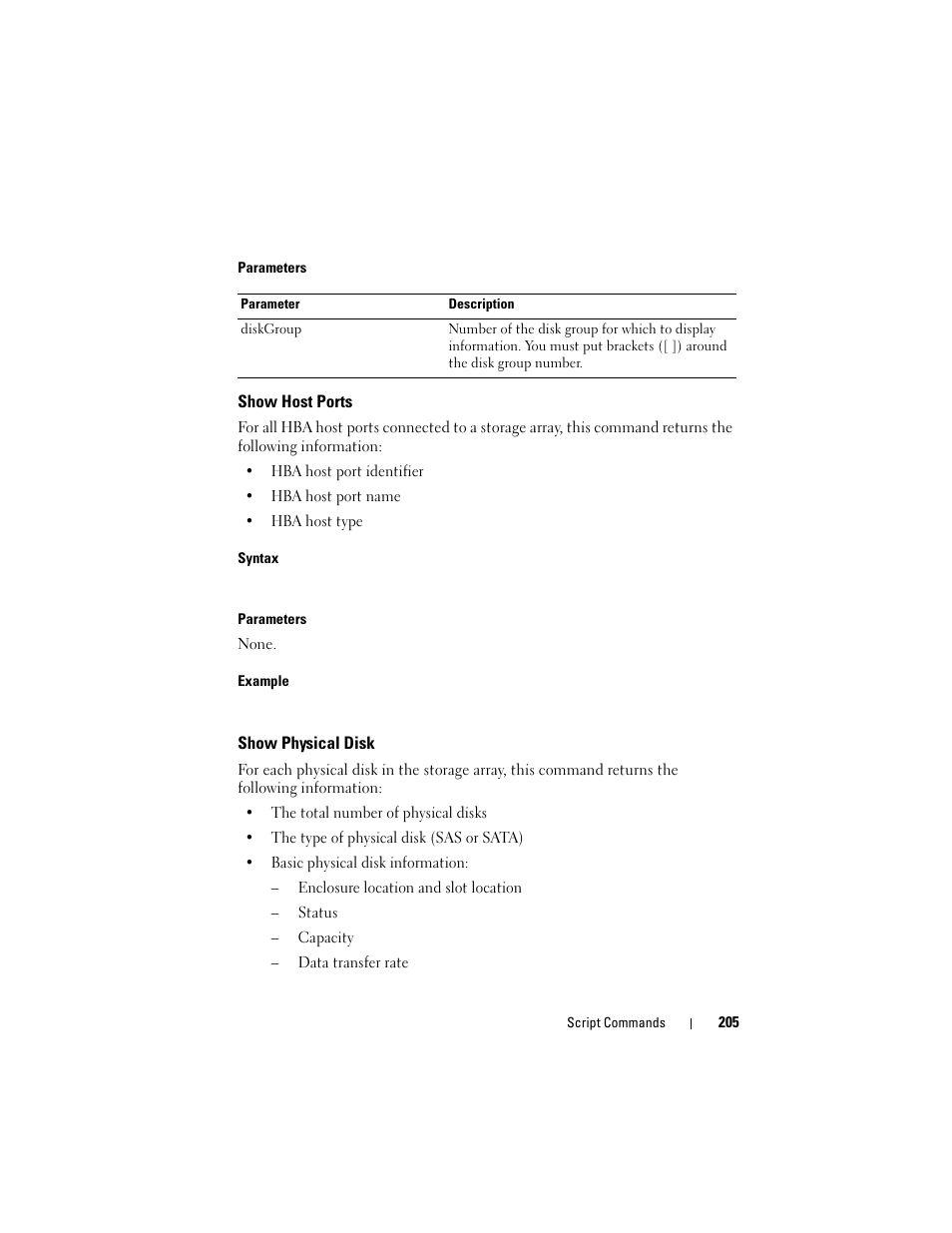 Show host ports, Show physical disk | Dell PowerVault MD3000i User Manual | Page 205 / 246