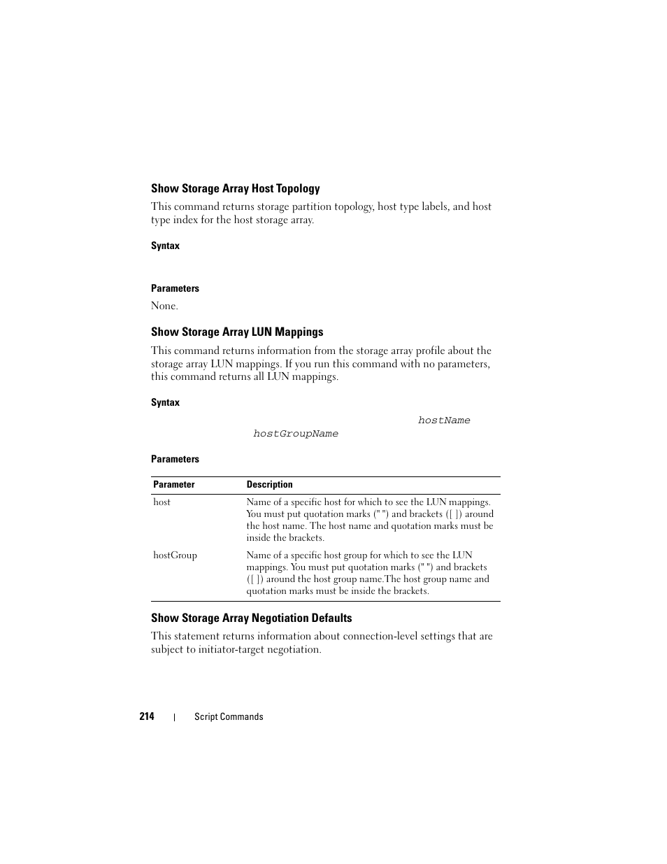 Show storage array host topology, Show storage array lun mappings, Show storage array negotiation defaults | Dell PowerVault MD3000i User Manual | Page 214 / 246