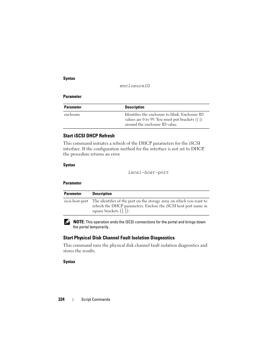 Start iscsi dhcp refresh, Syntax | Dell PowerVault MD3000i User Manual | Page 224 / 246