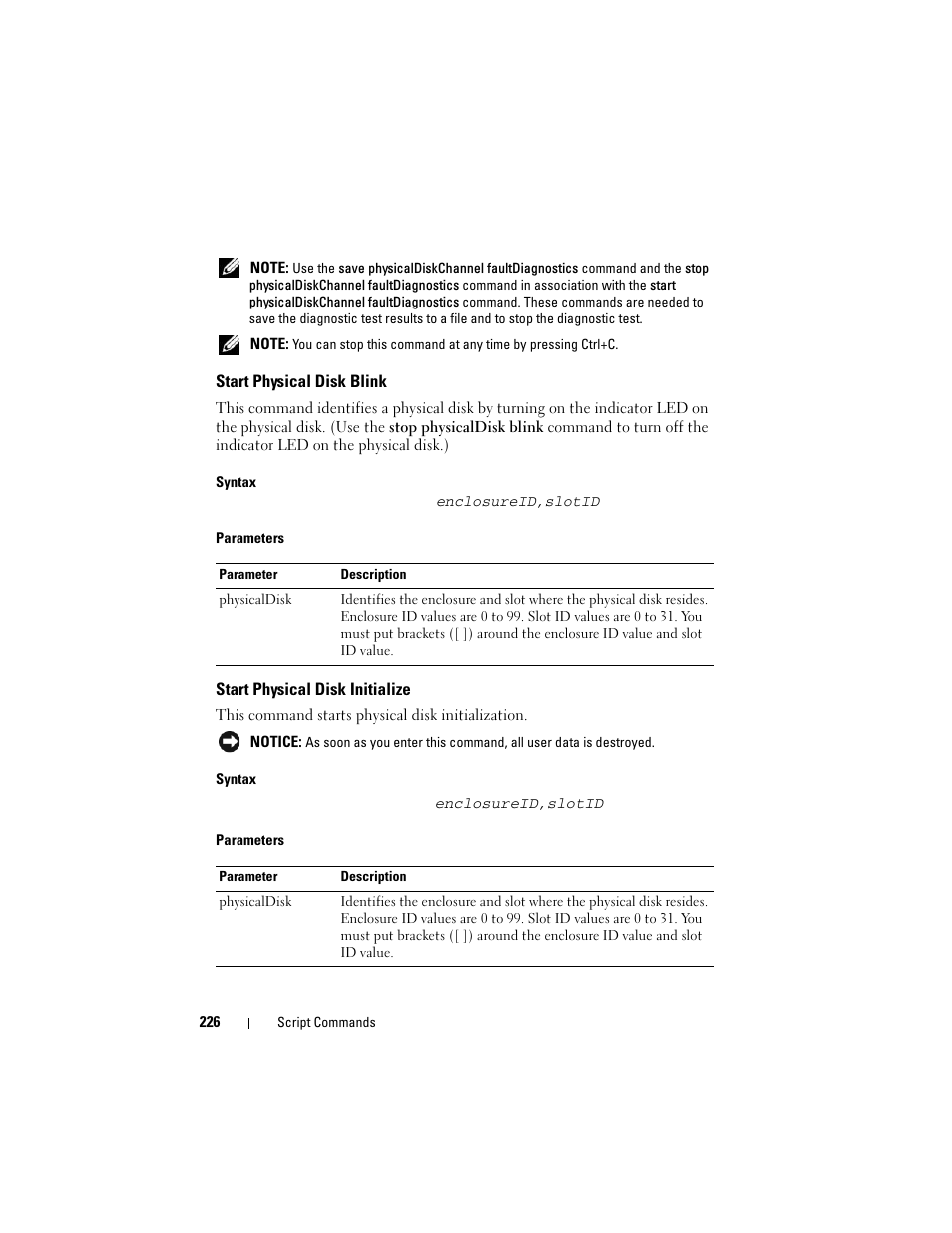 Start physical disk blink, Start physical disk initialize | Dell PowerVault MD3000i User Manual | Page 226 / 246