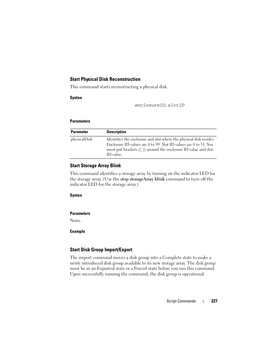 Start physical disk reconstruction, Start storage array blink, Start disk group import/export | Dell PowerVault MD3000i User Manual | Page 227 / 246