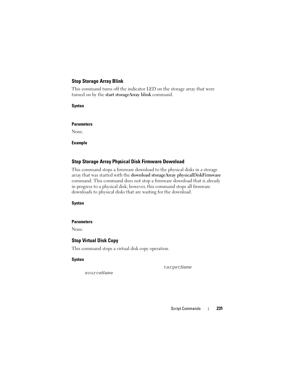 Stop storage array blink, Stop storage array physical disk firmware download, Stop virtual disk copy | Dell PowerVault MD3000i User Manual | Page 231 / 246