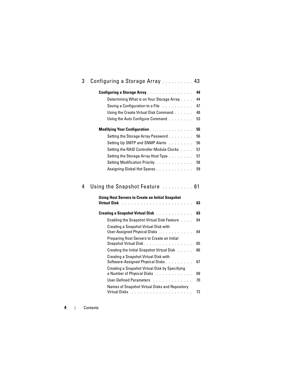 3configuring a storage array, 4using the snapshot feature | Dell PowerVault MD3000i User Manual | Page 4 / 246
