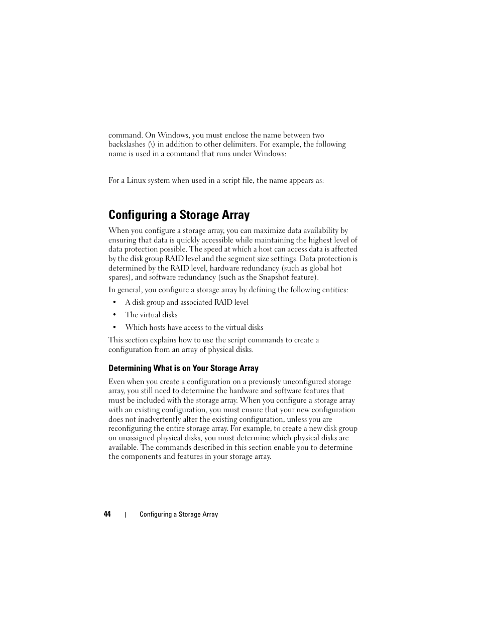 Configuring a storage array, Determining what is on your storage array | Dell PowerVault MD3000i User Manual | Page 44 / 246