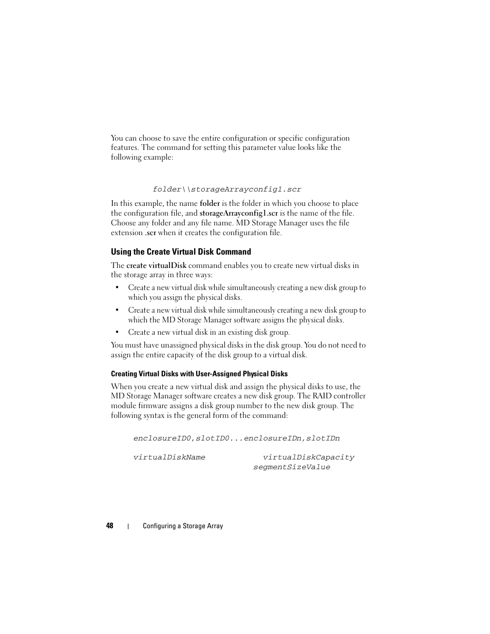 Using the create virtual disk command | Dell PowerVault MD3000i User Manual | Page 48 / 246