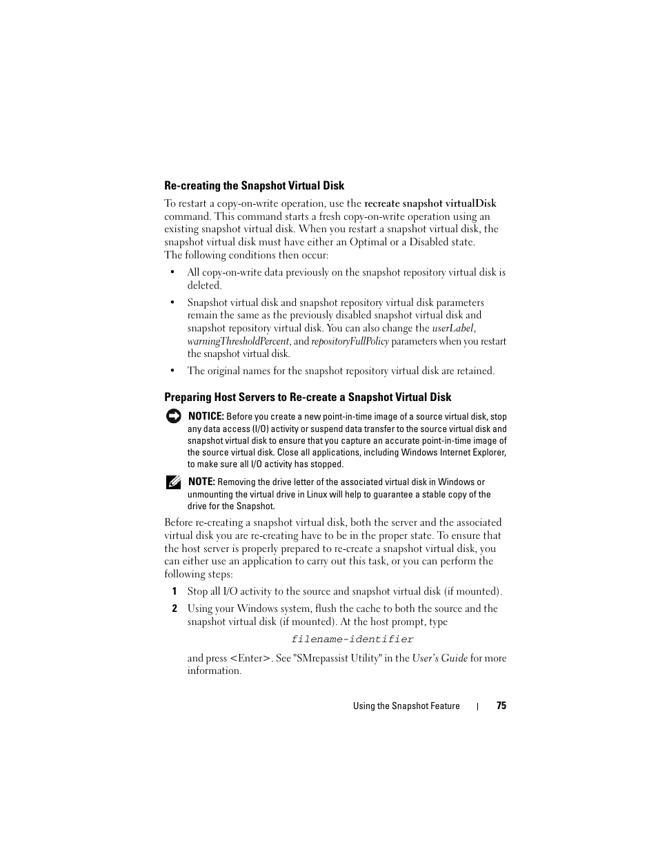 Re-creating the snapshot virtual disk | Dell PowerVault MD3000i User Manual | Page 75 / 246