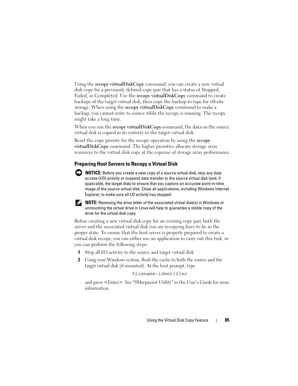 Preparing host servers to recopy a virtual disk | Dell PowerVault MD3000i User Manual | Page 85 / 246