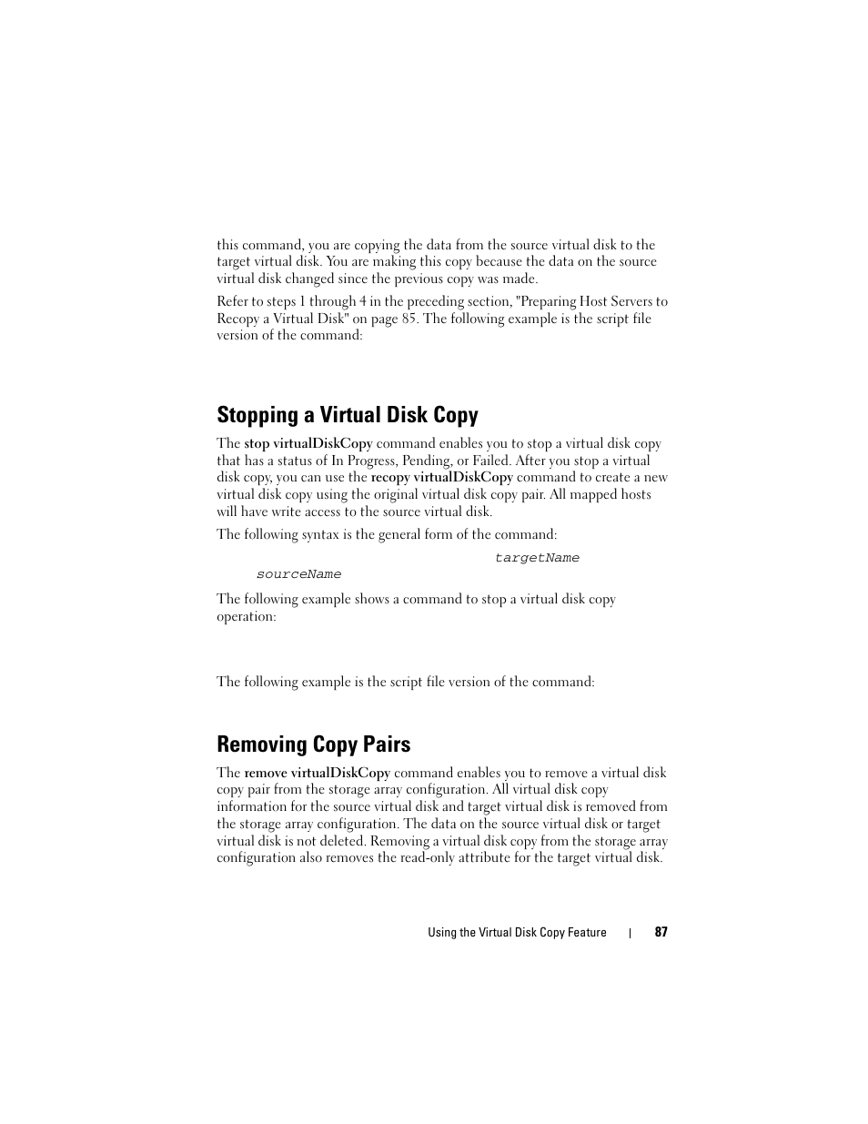 Stopping a virtual disk copy, Removing copy pairs | Dell PowerVault MD3000i User Manual | Page 87 / 246
