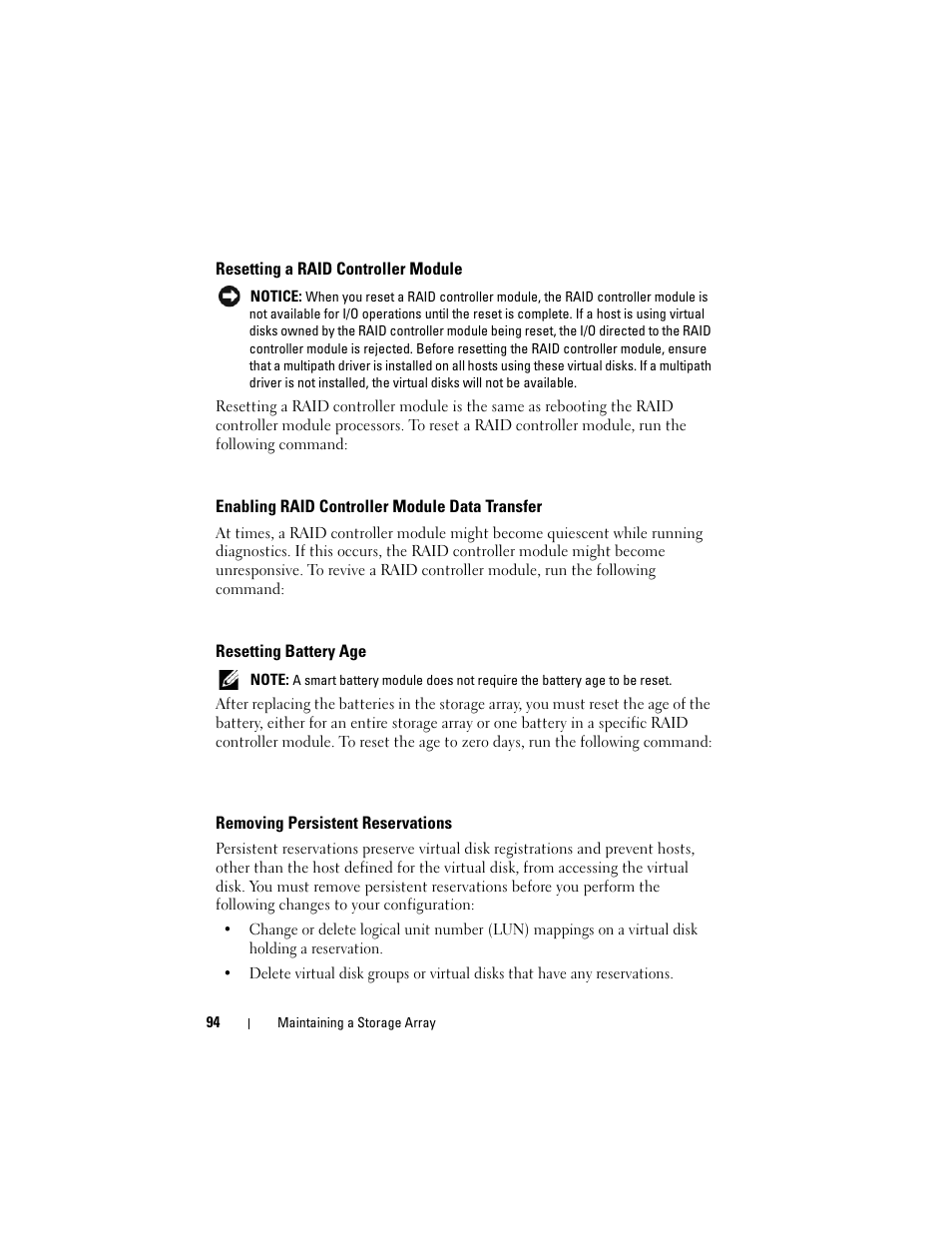 Resetting a raid controller module, Enabling raid controller module data transfer, Resetting battery age | Removing persistent reservations | Dell PowerVault MD3000i User Manual | Page 94 / 246