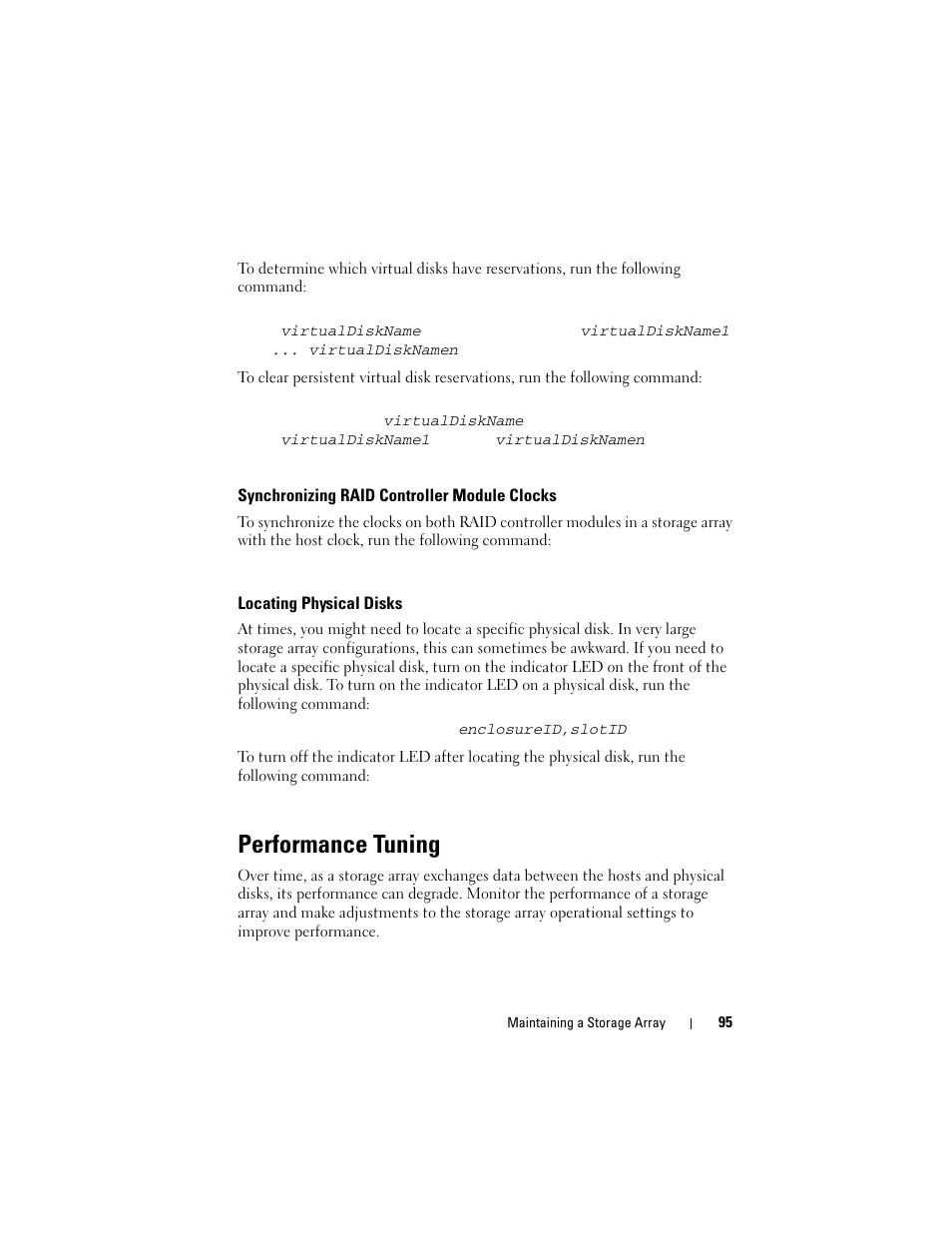 Synchronizing raid controller module clocks, Locating physical disks, Performance tuning | Dell PowerVault MD3000i User Manual | Page 95 / 246