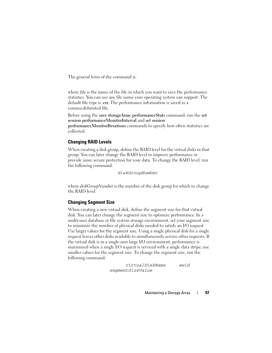 Changing raid levels, Changing segment size | Dell PowerVault MD3000i User Manual | Page 97 / 246