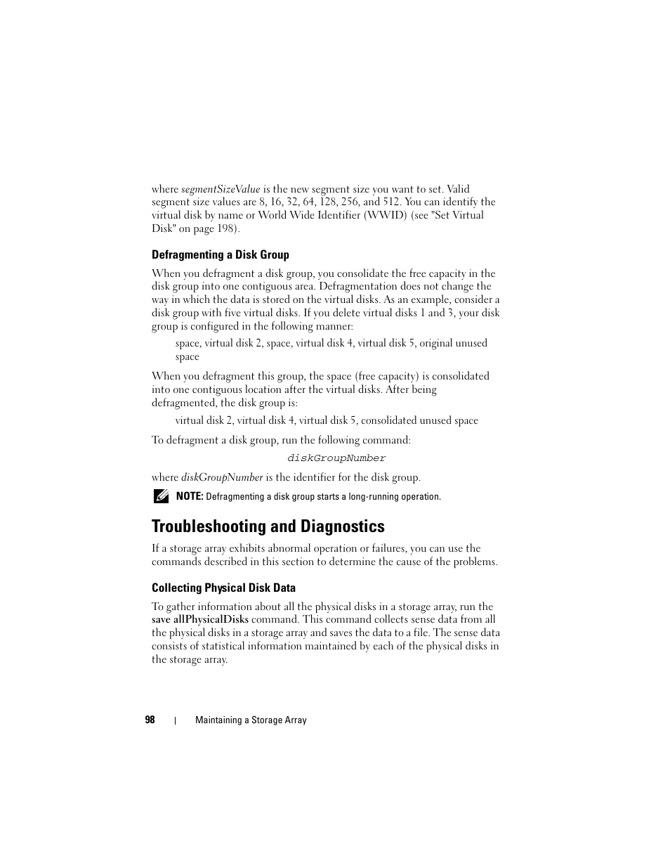 Defragmenting a disk group, Troubleshooting and diagnostics, Collecting physical disk data | Dell PowerVault MD3000i User Manual | Page 98 / 246