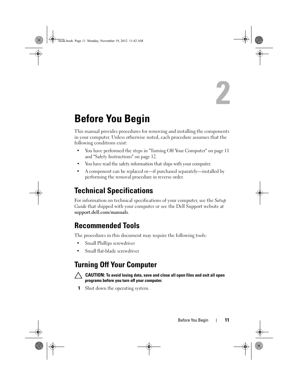 Before you begin, Technical specifications, Recommended tools | Turning off your computer | Dell Dimension 2010 User Manual | Page 11 / 78