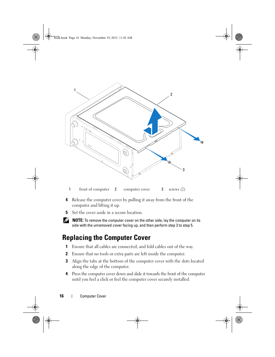 Replacing the computer cover | Dell Dimension 2010 User Manual | Page 16 / 78