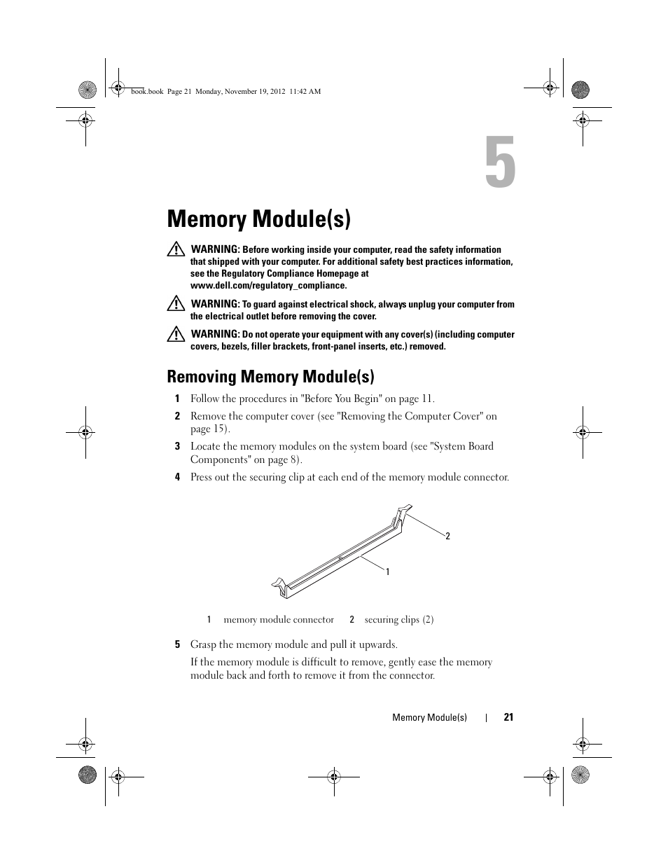 Memory module(s), Removing memory module(s) | Dell Dimension 2010 User Manual | Page 21 / 78