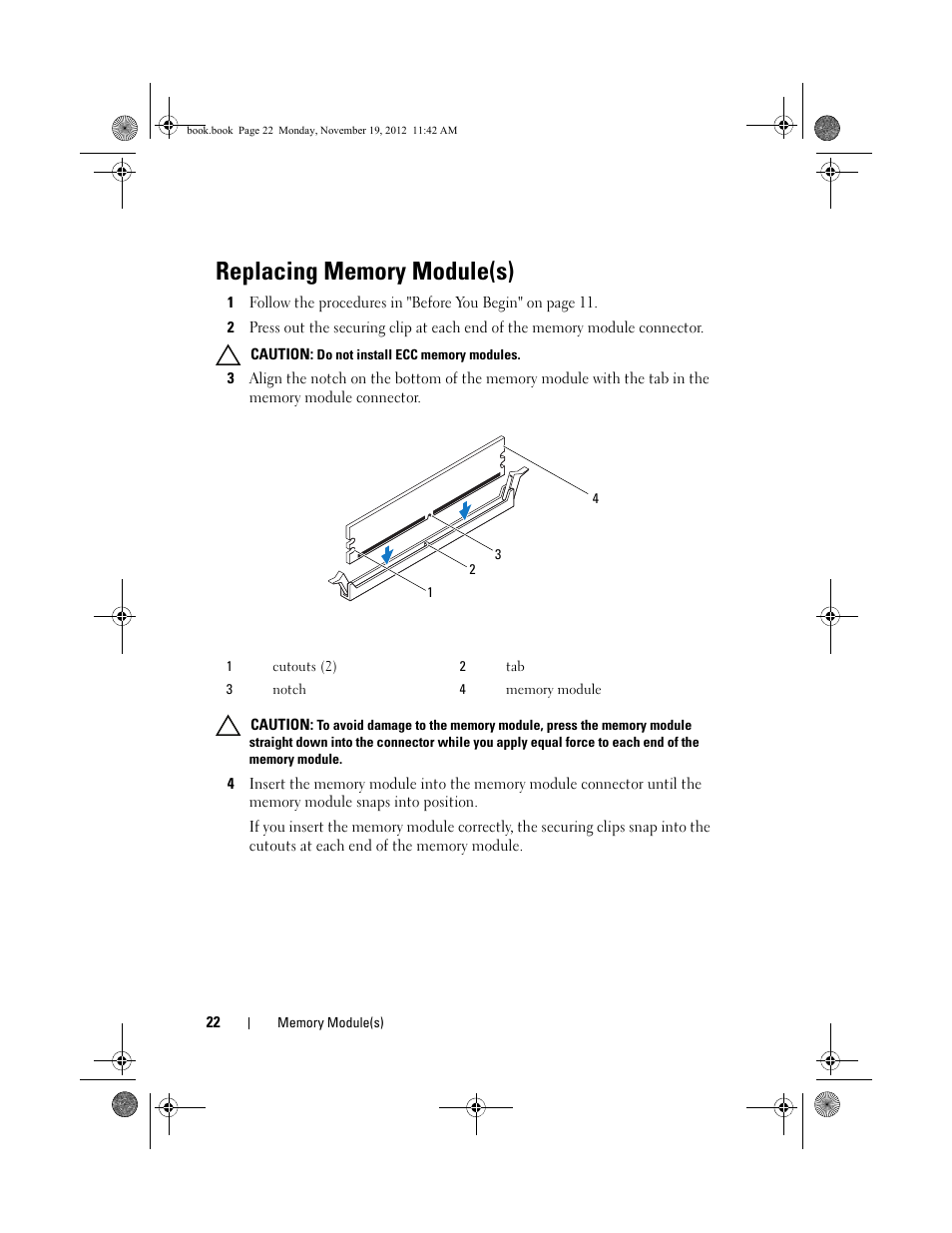 Replacing memory module(s) | Dell Dimension 2010 User Manual | Page 22 / 78