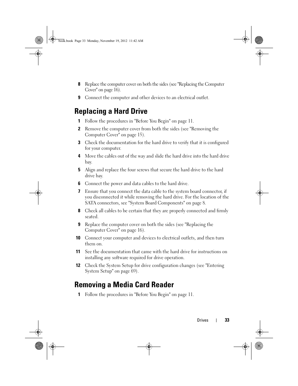 Replacing a hard drive, Removing a media card reader | Dell Dimension 2010 User Manual | Page 33 / 78