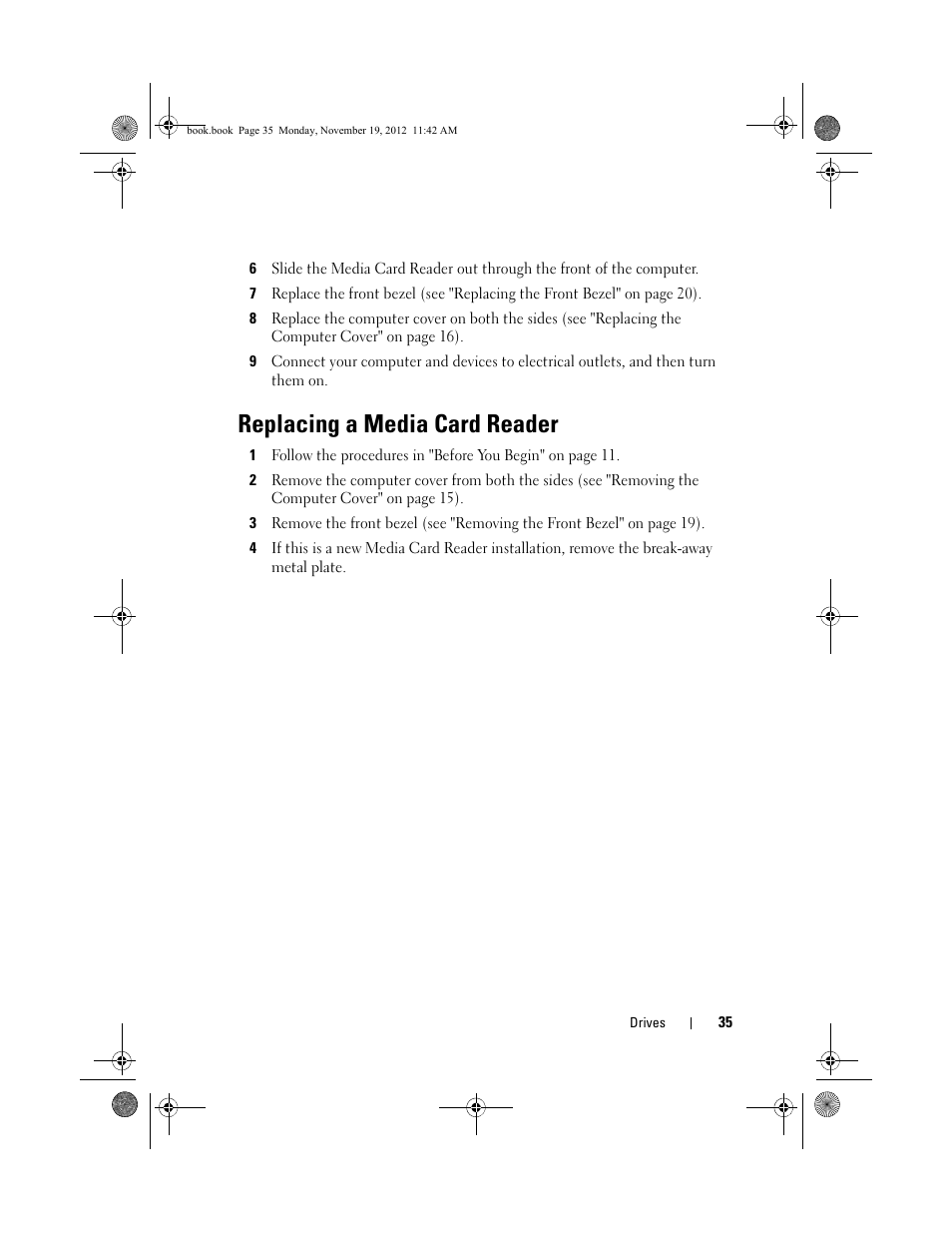 Replacing a media card reader | Dell Dimension 2010 User Manual | Page 35 / 78