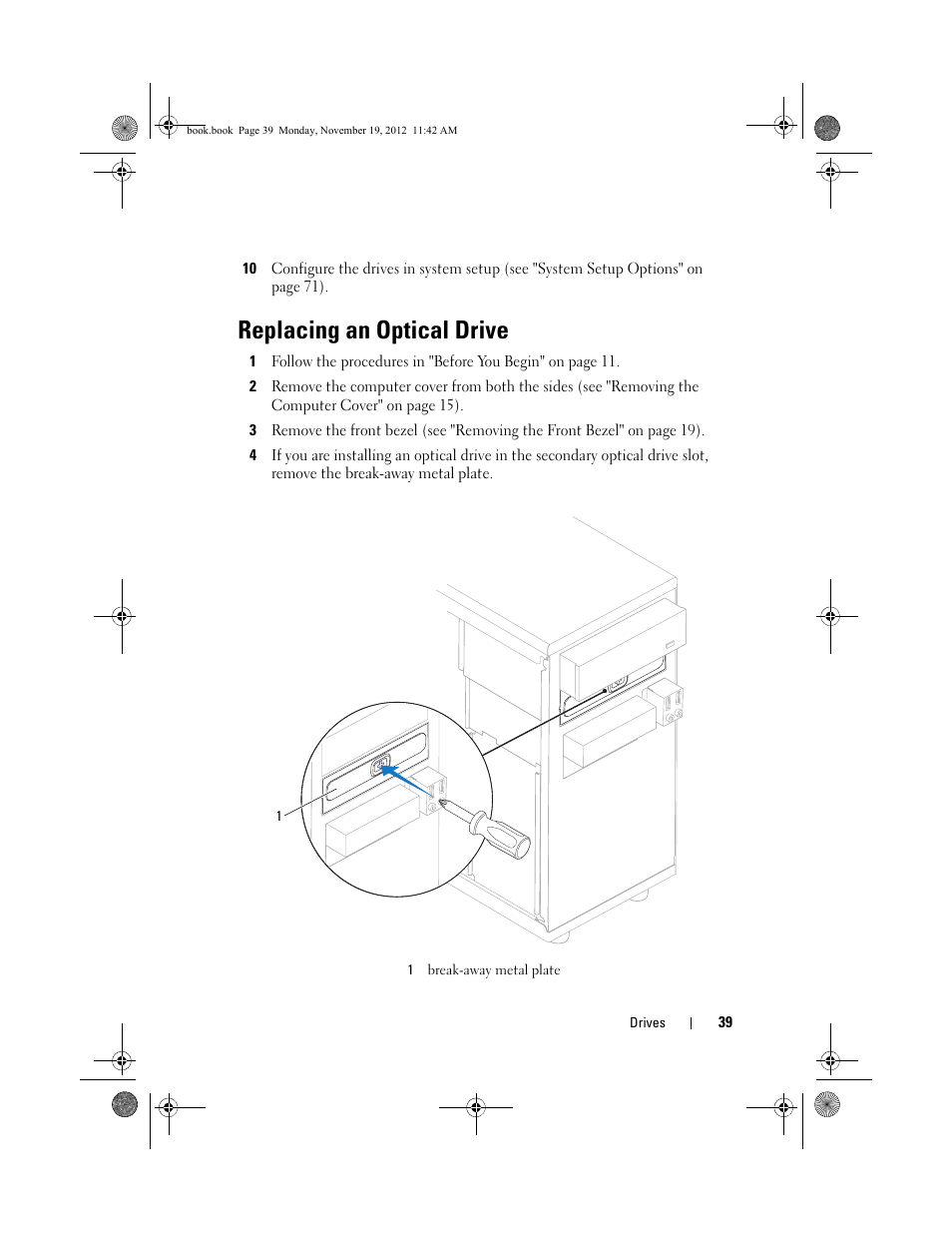 Replacing an optical drive | Dell Dimension 2010 User Manual | Page 39 / 78