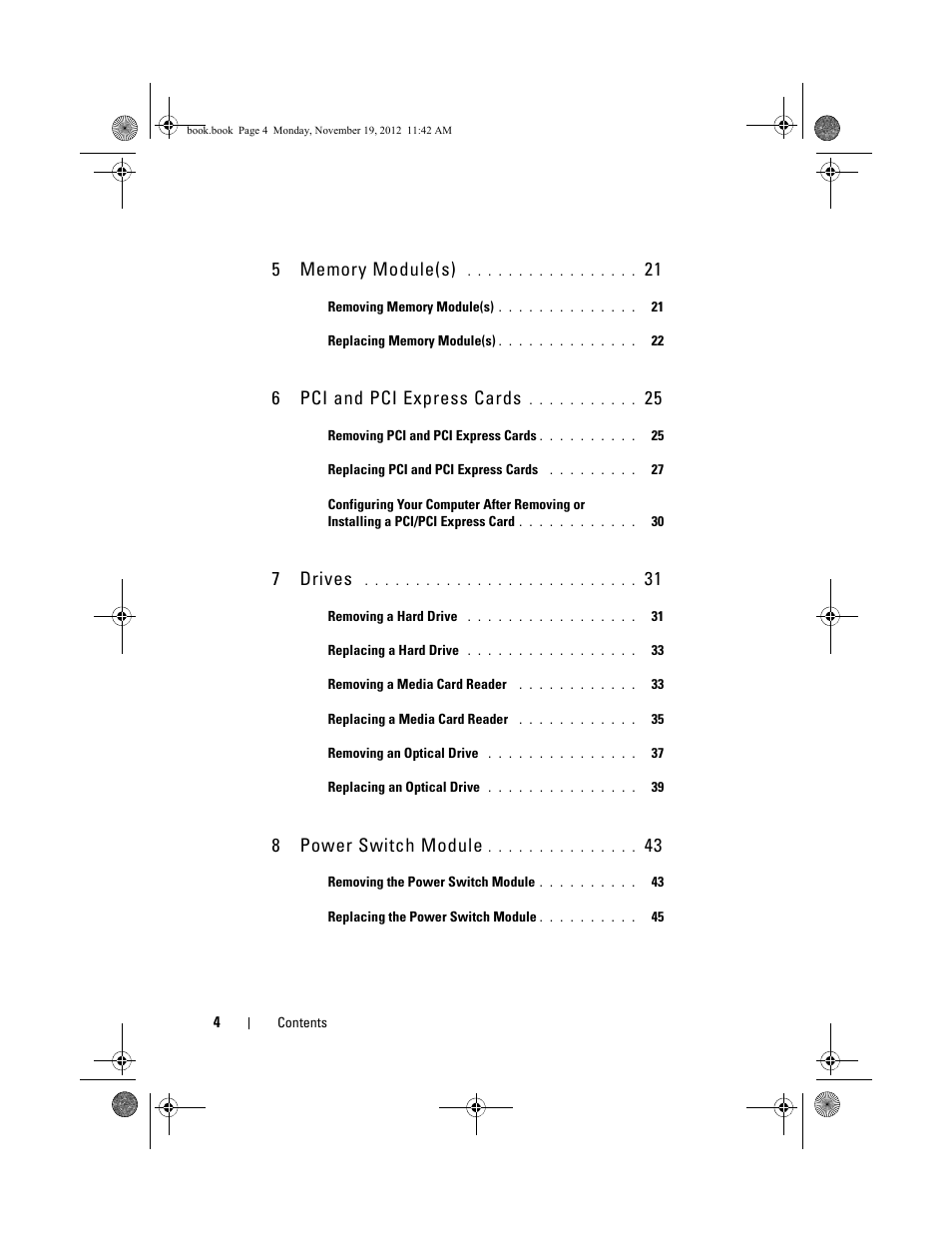 6 pci and pci express cards, 7 drives, 8 power switch module | Dell Dimension 2010 User Manual | Page 4 / 78