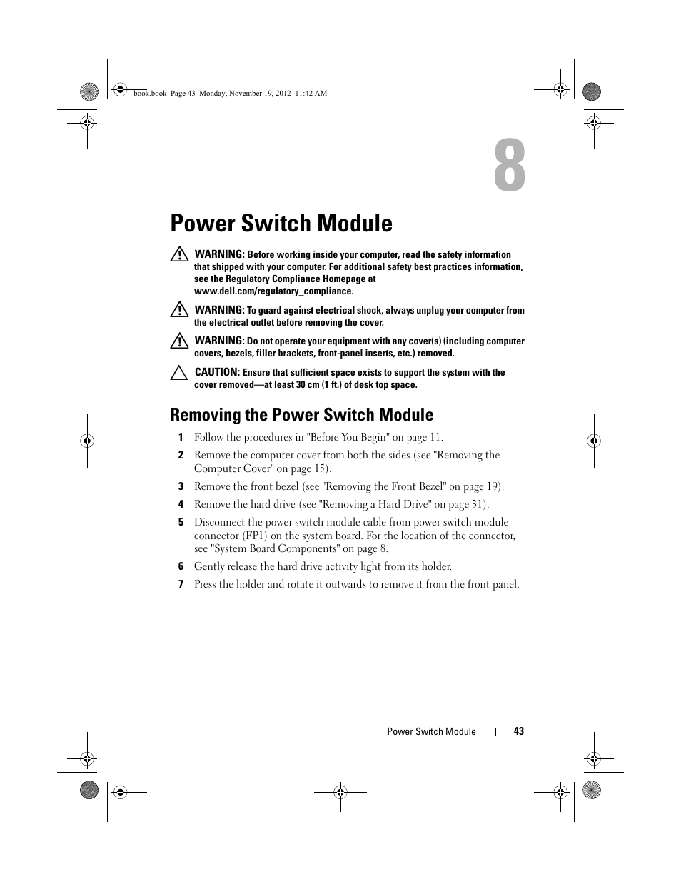 Power switch module, Removing the power switch module | Dell Dimension 2010 User Manual | Page 43 / 78