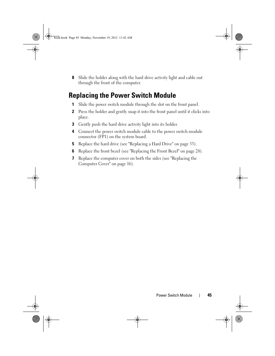 Replacing the power switch module | Dell Dimension 2010 User Manual | Page 45 / 78