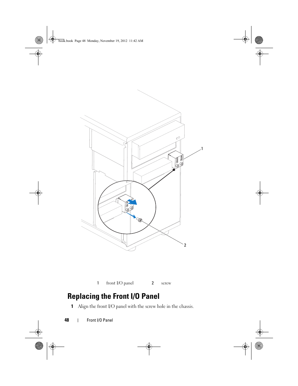 Replacing the front i/o panel | Dell Dimension 2010 User Manual | Page 48 / 78