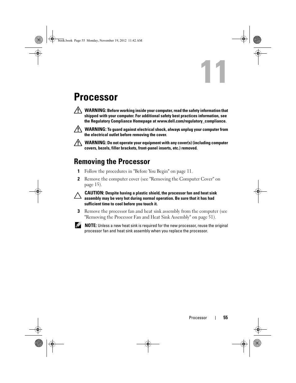 Processor, Removing the processor | Dell Dimension 2010 User Manual | Page 55 / 78